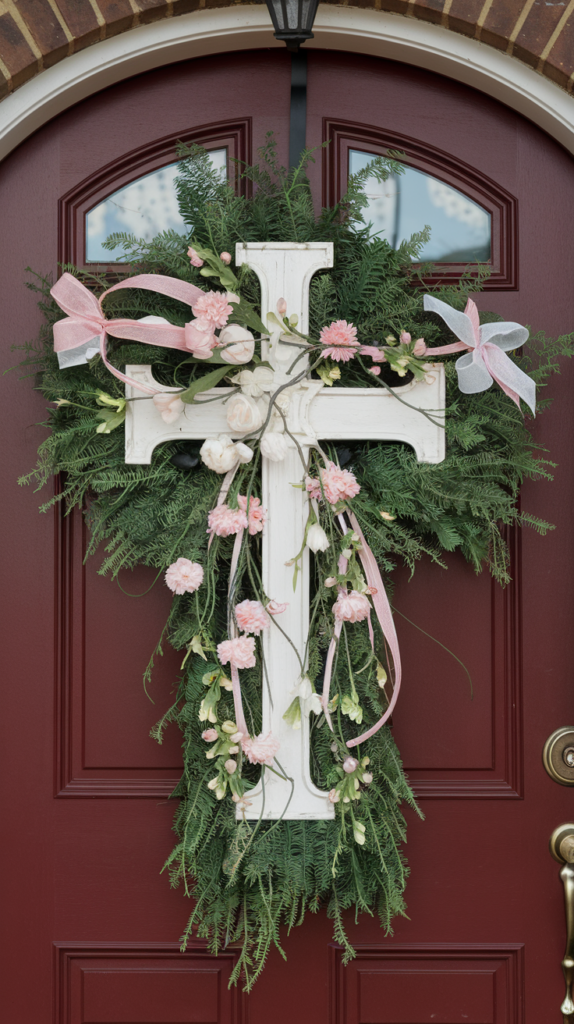 A decorative wreath featuring a white cross adorned with pink flowers and ribbons, set against a maroon door with a brass handle.