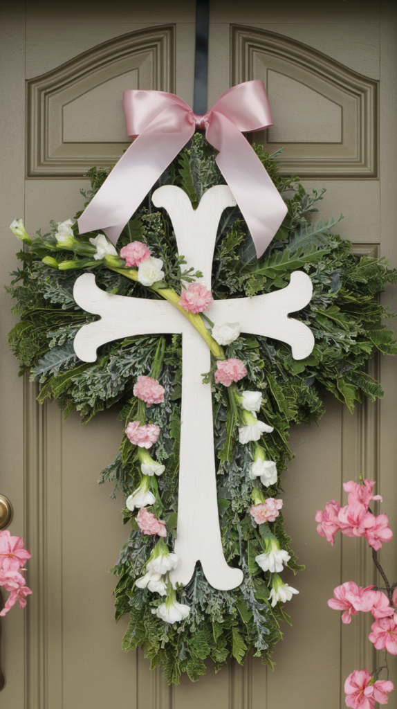 A decorative cross-shaped wreath with green foliage and pink and white flowers, topped with a pink satin bow, hanging on a door.