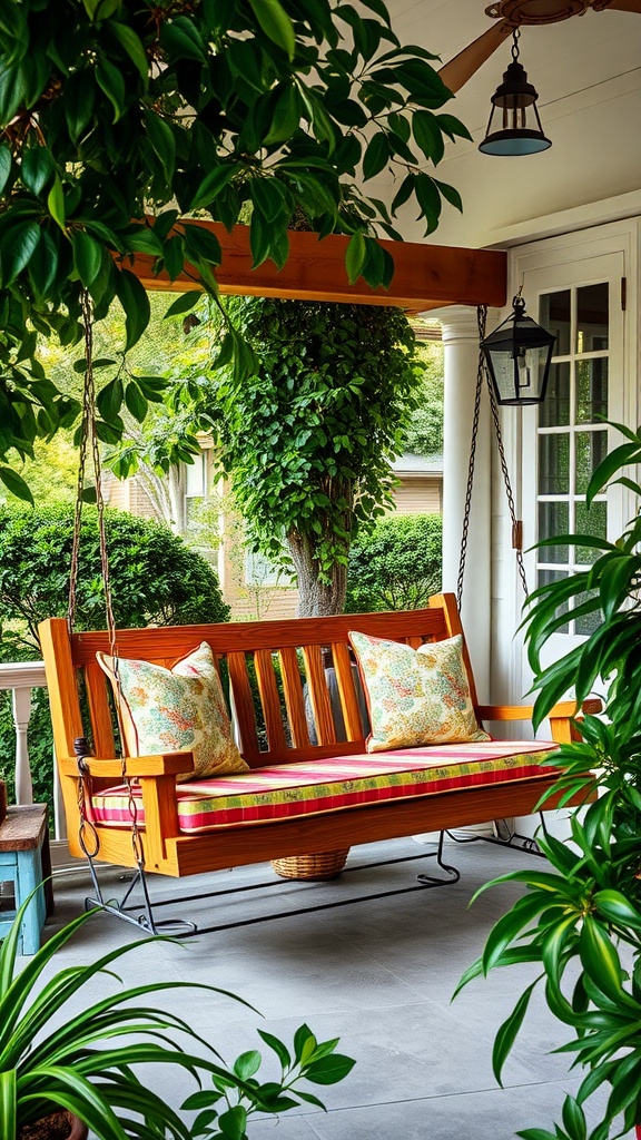 A beautiful wooden porch swing with colorful cushions surrounded by plants.