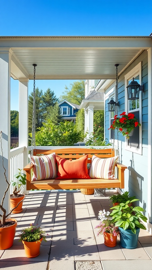 Free standing porch swing with cushions and potted plants on a sunny porch