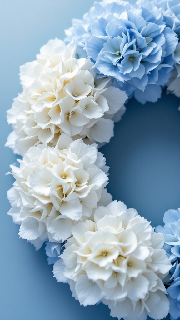 A close-up of blue hydrangeas forming a floral wreath