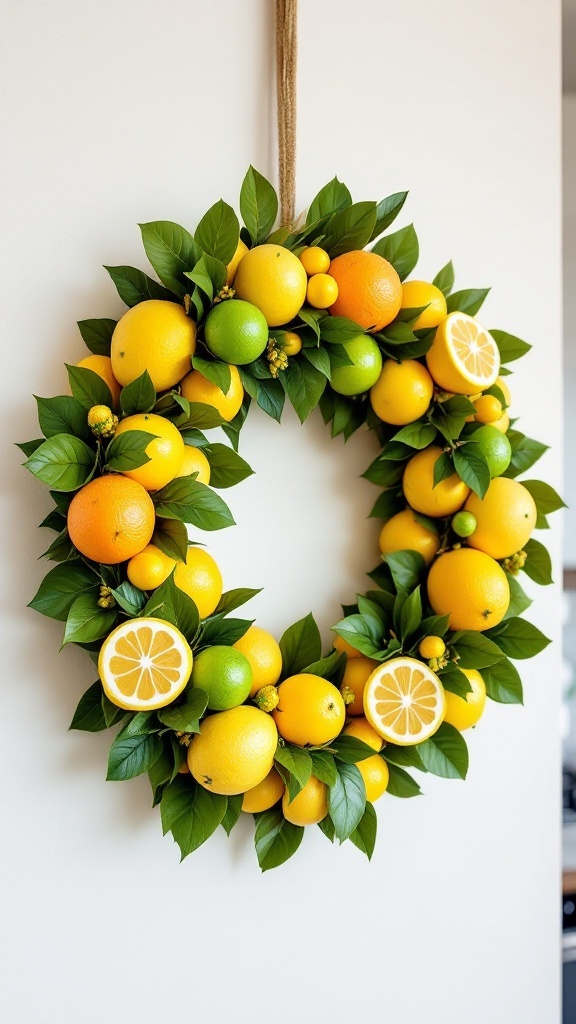 A vibrant wreath made of lemons and oranges with green leaves, hanging in a kitchen.