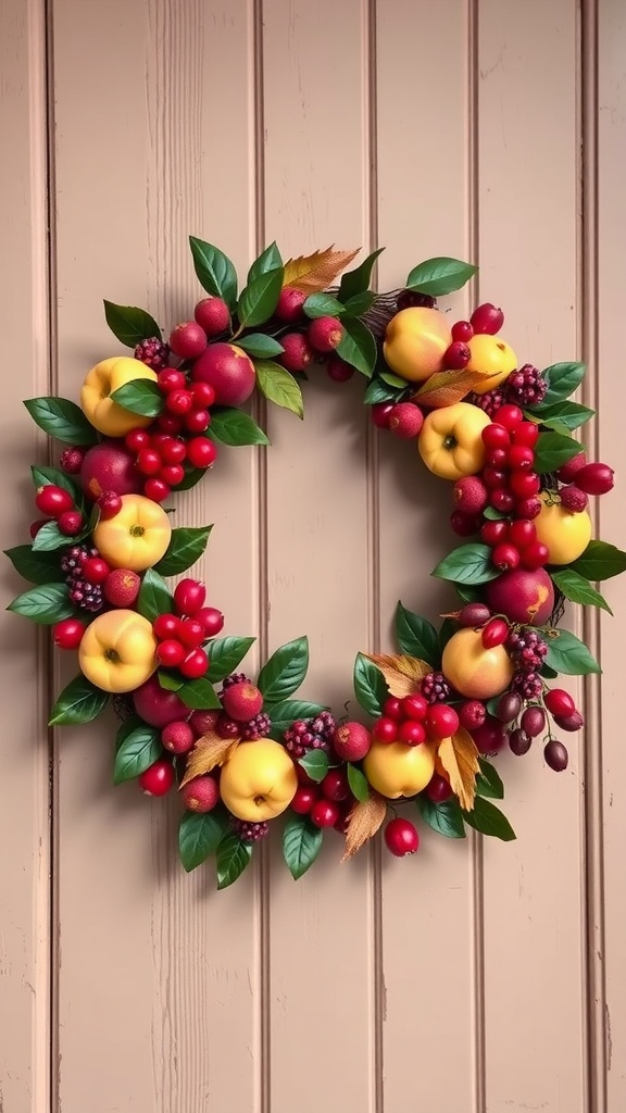 A summer wreath made of colorful fruits and leaves, featuring apples, berries, and greens arranged in a circular design.