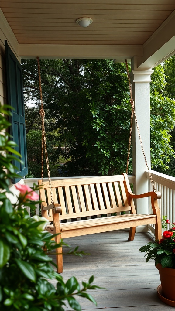 A wooden swing seat on a front porch surrounded by green plants.