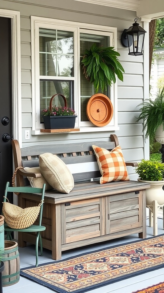 A stylish storage bench on a front porch with decorative pillows and planters