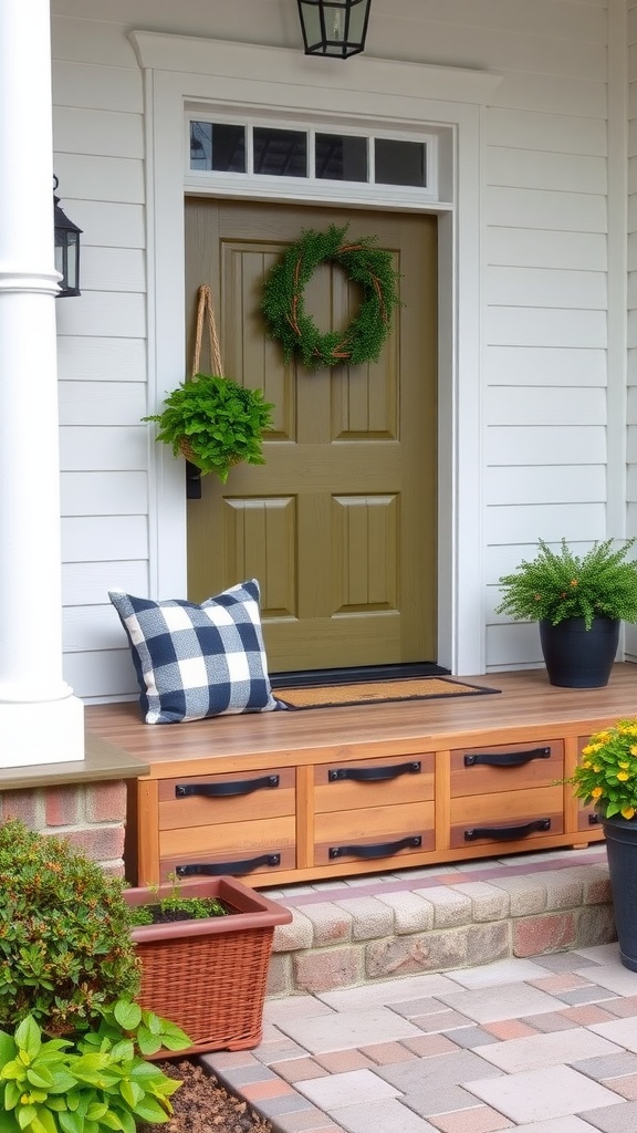 Farmhouse front porch with storage drawers and decorative plants