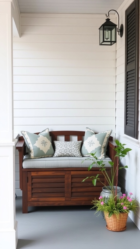 Small front porch with a storage bench and decorative plants