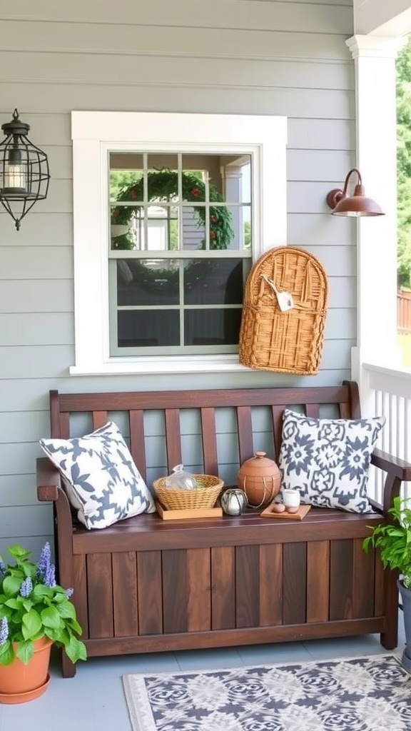 A gray bench on a porch with pillows and storage for outdoor gear