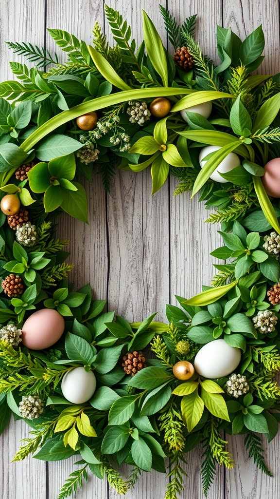 A lush green Easter wreath featuring greenery, pastel eggs, and decorative elements.