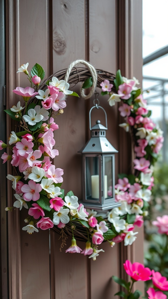 A summer wreath with pink and white flowers surrounding a lantern, hanging on a wooden door.