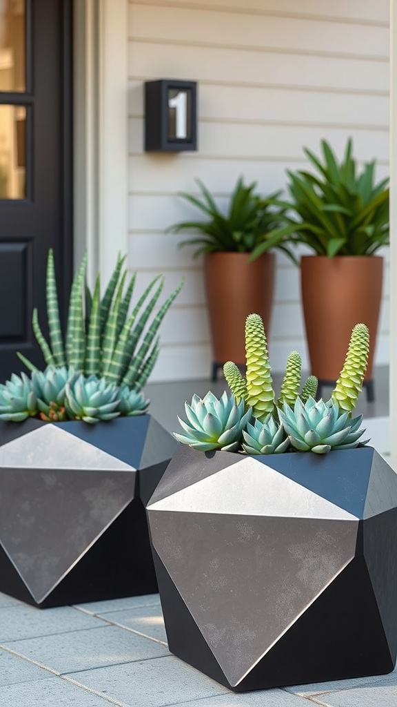 Geometric black planters with succulents placed in front of a house with a modern design and a house number "1" on the wall.