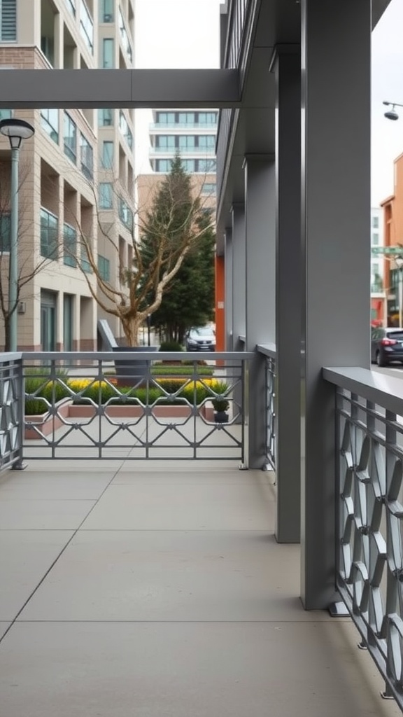 A modern porch with geometric patterned railings.