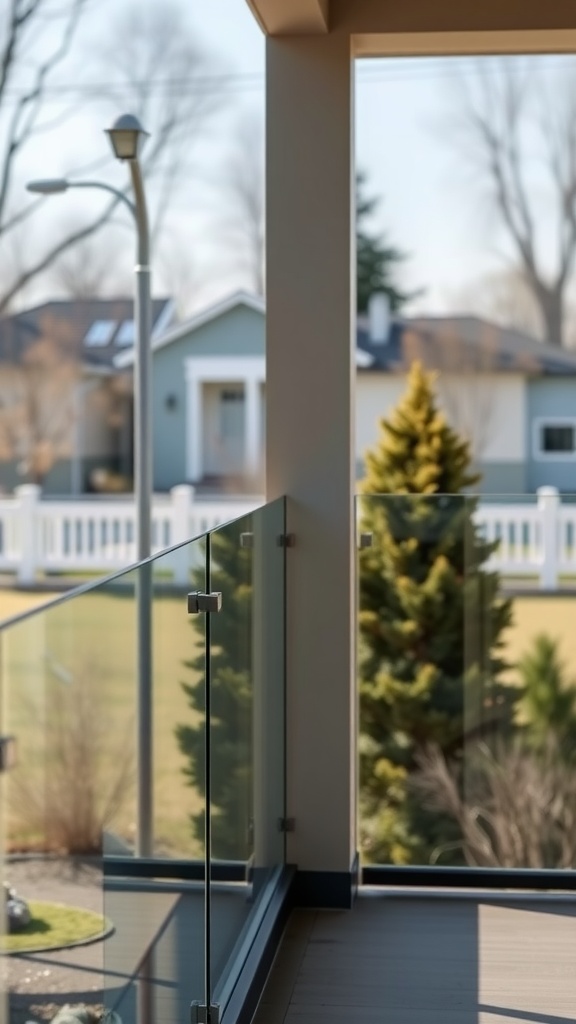 A modern porch with glass panel railings and a view of green trees and houses.