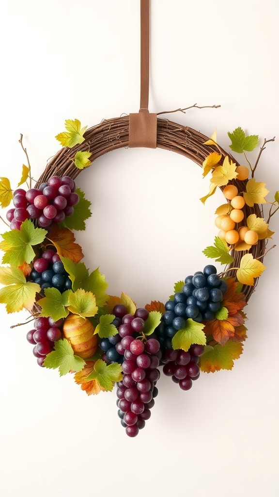 Grapes and wine-themed summer wreath with colorful grapes and leaves