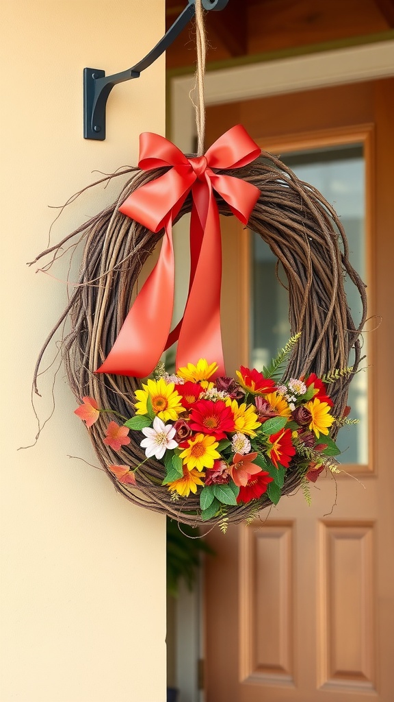 A grapevine wreath decorated with colorful flowers and a red ribbon, hanging on a door.