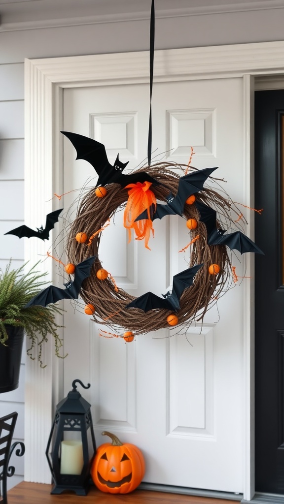 A Halloween-themed grapevine wreath decorated with black bats and orange pumpkins, hanging on a door.