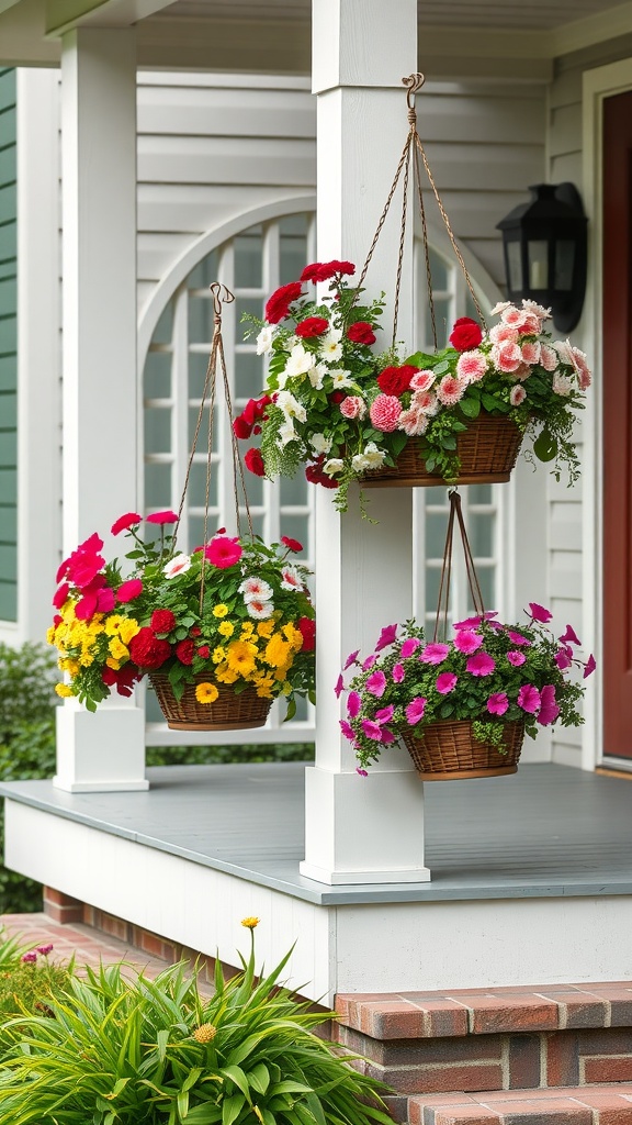 Colorful hanging flower baskets on a farmhouse porch.