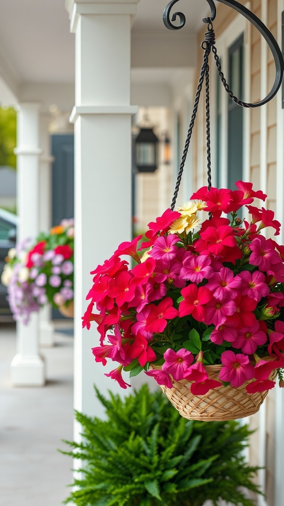 Colorful hanging baskets with flowers on a front porch