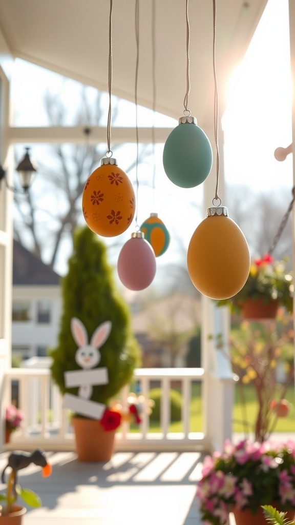 Colorful hanging egg decorations on a porch