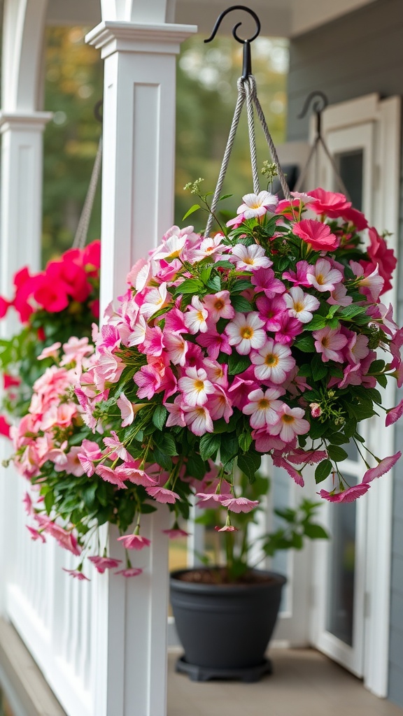 Hanging flower baskets filled with pink and white flowers on a front porch.