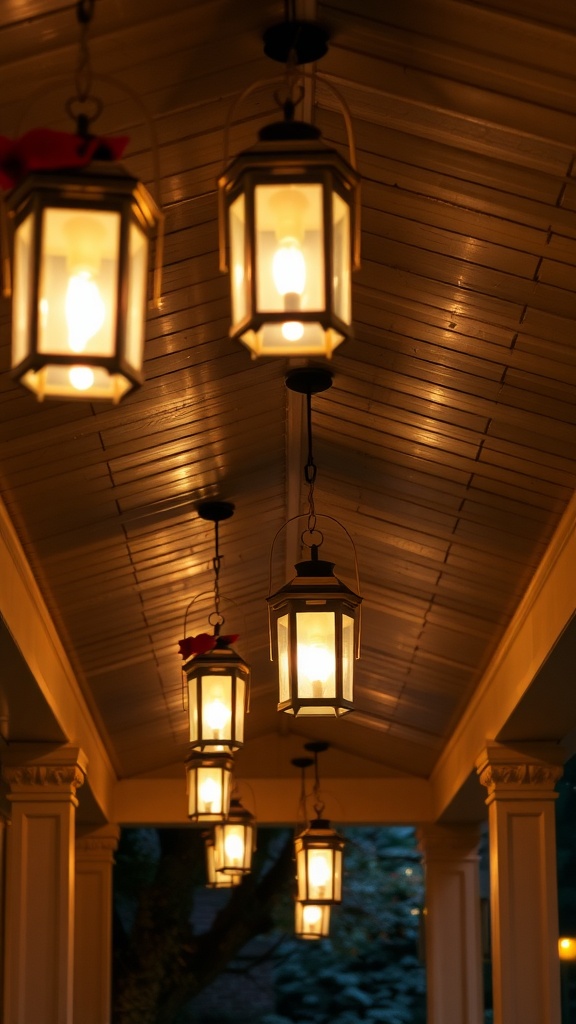 A series of hanging lanterns illuminating a porch ceiling.