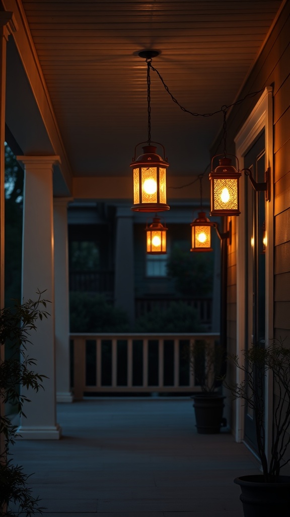 A porch with hanging lanterns glowing softly in the evening.