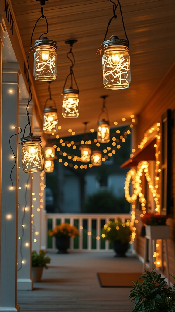 A beautifully lit farmhouse front porch featuring hanging mason jar lights with soft glow.