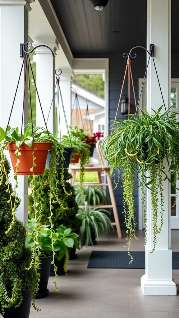 A modern front porch featuring various hanging planters with lush green plants.