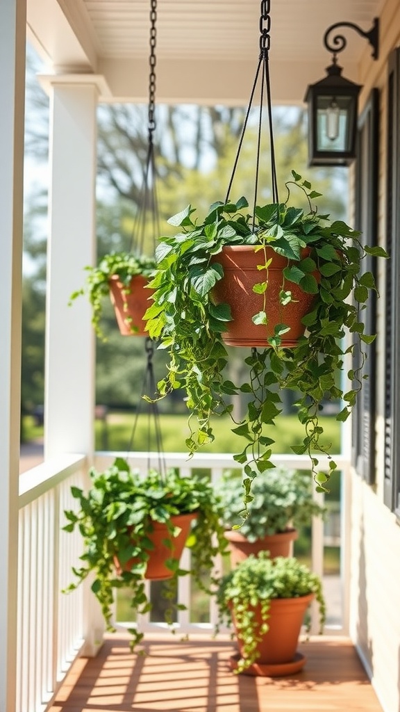 A porch with hanging potted plants and potted plants on the ground, featuring lush green foliage, with a lantern overhead and a railing along the side.