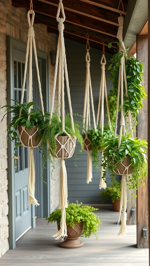 A collection of hanging plants in macrame holders on a rustic farmhouse porch.