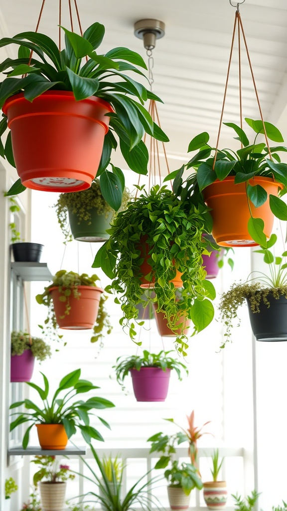 Colorful hanging plants in pots on a porch.