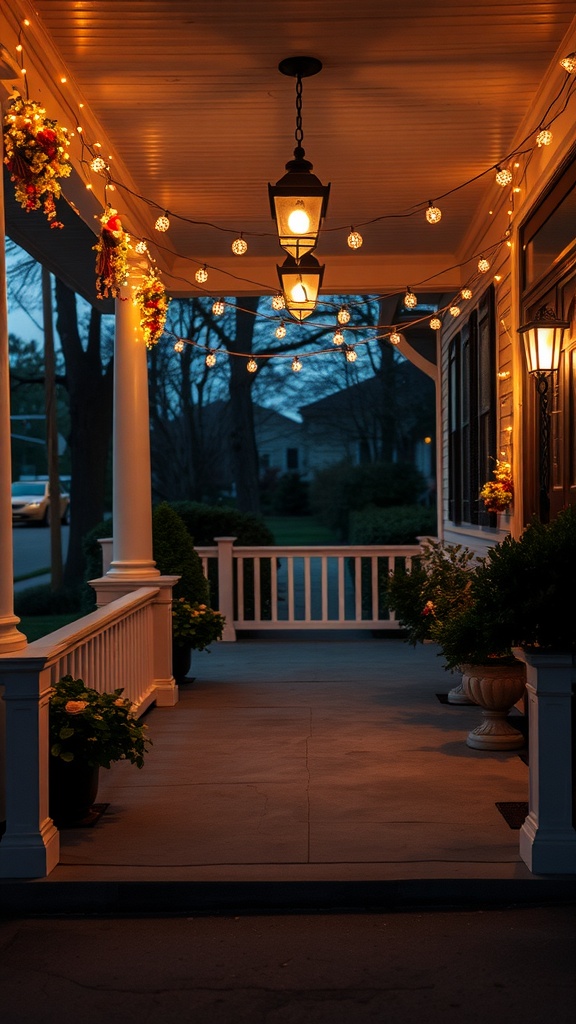 A beautifully lit porch in the evening with hanging string lights and flowers.