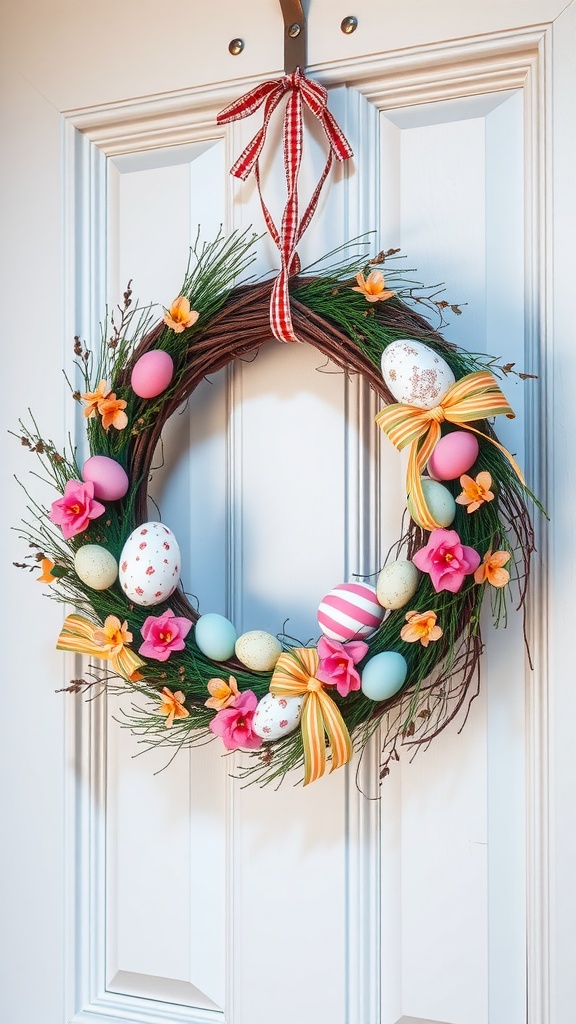 Easter egg wreath with colorful eggs and flowers hanging on a door