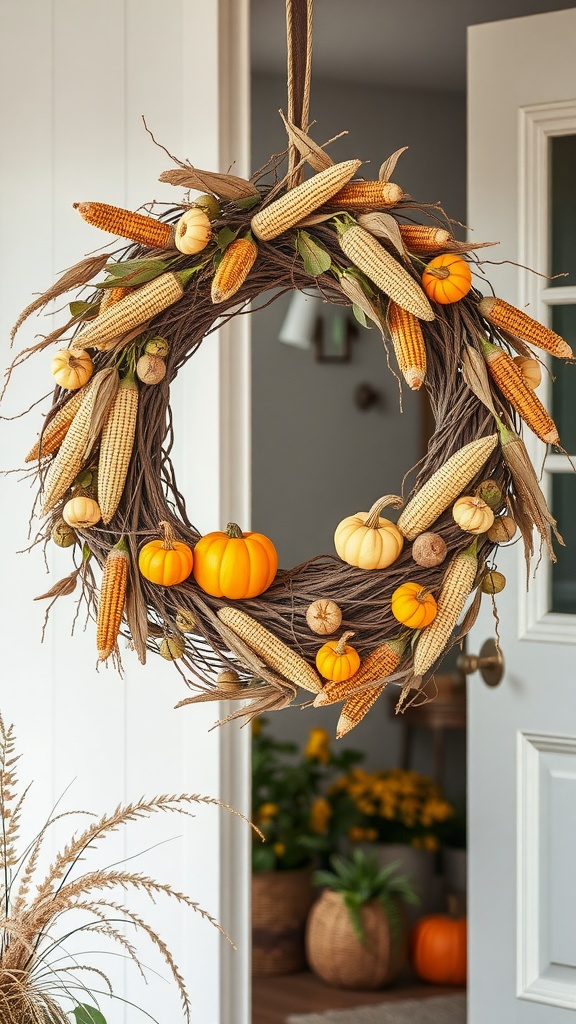 Harvest grapevine wreath decorated with mini pumpkins and corn.