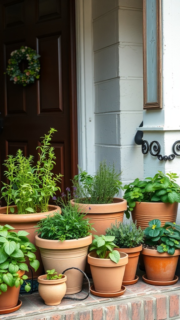 A collection of terracotta pots filled with various herbs on a porch.