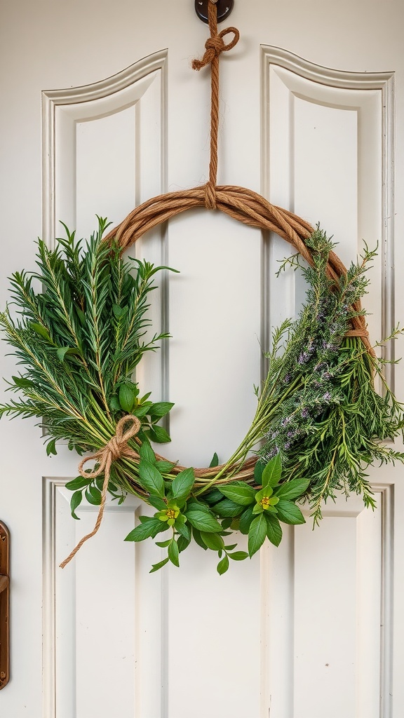 A spring wreath made of fresh herbs hanging on a door