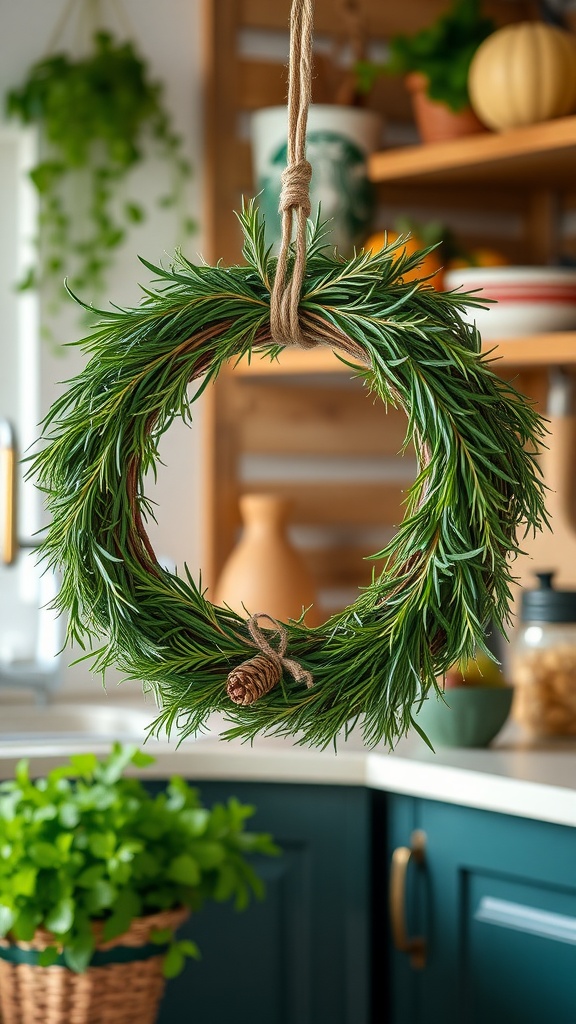 A green herb garden wreath hanging in a kitchen, with a background of plants and kitchenware.