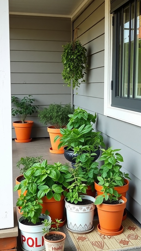 A variety of potted herbs on a farmhouse front porch.