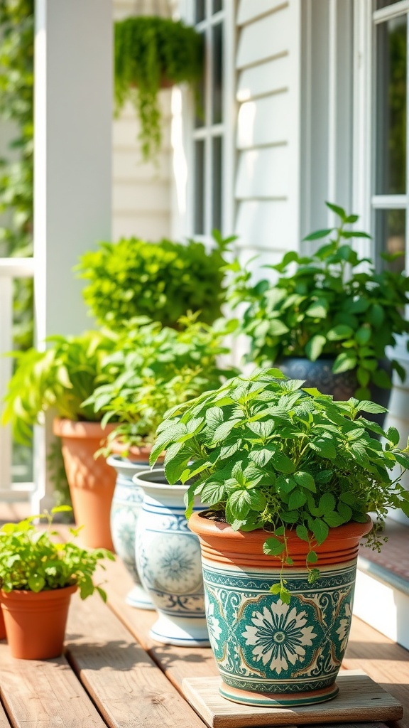 Colorful herb planters on a porch with various herbs growing in them.