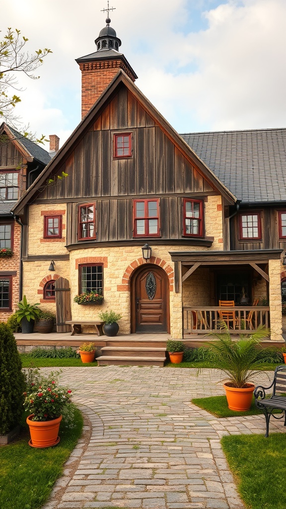 A rustic farmhouse with a wrap-around porch and charming architectural details.