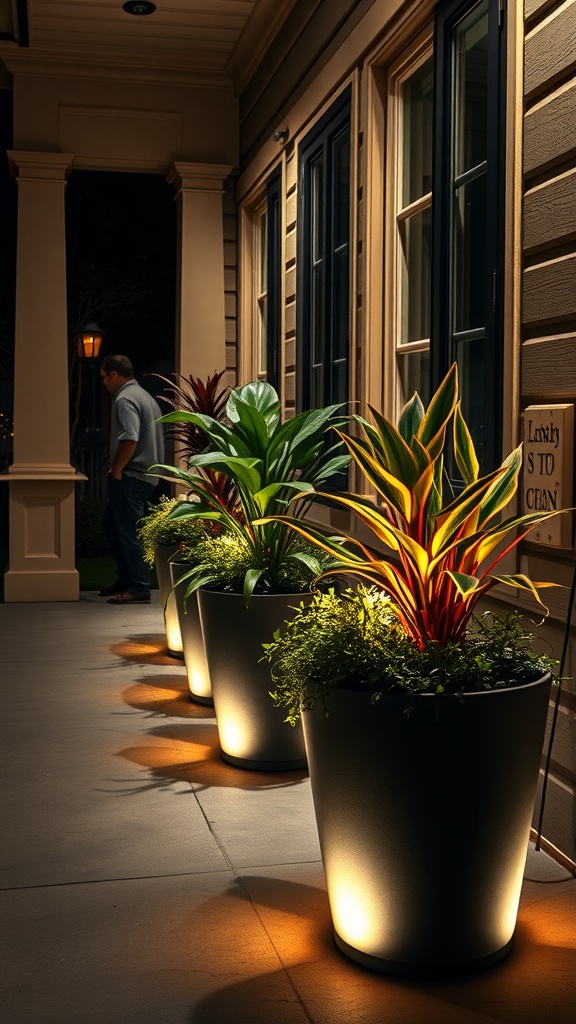 A modern front porch with illuminated planters featuring various plants, creating a warm and inviting atmosphere at night.