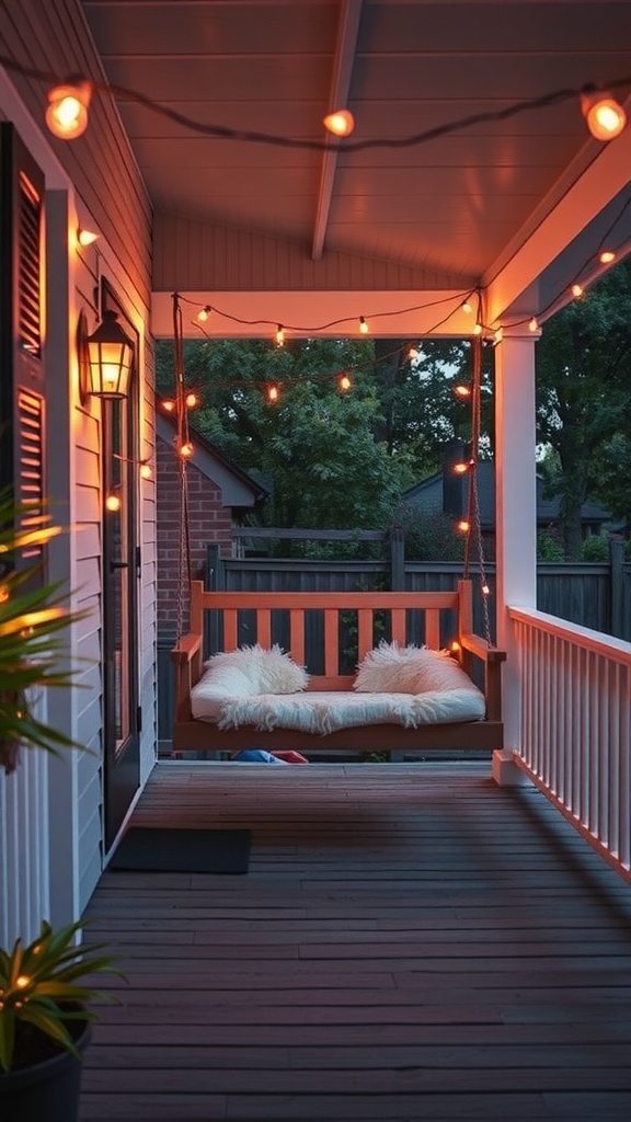 Cozy outdoor porch with a hanging bed swing and ambient string lights