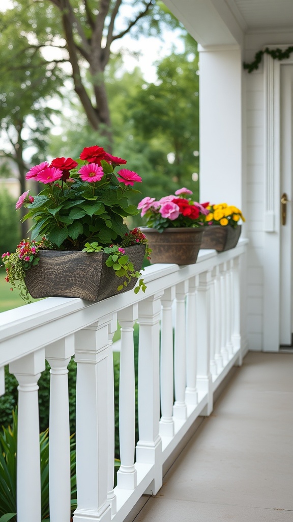 Porch railing with integrated planters filled with colorful flowers