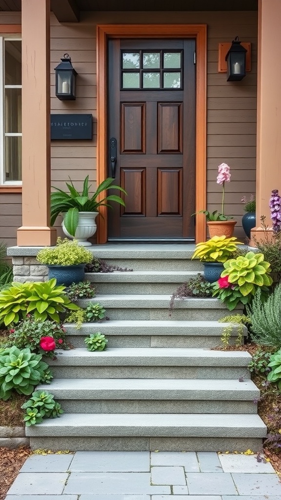 Front porch steps adorned with various colorful plants and flowers.