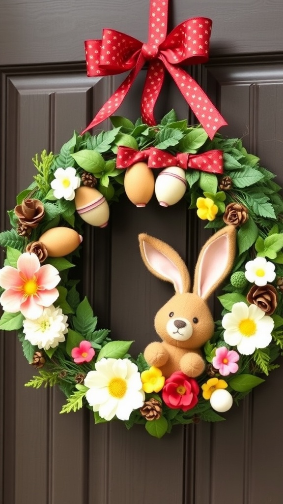 A decorative Easter bunny wreath featuring plush bunnies, colorful flowers, and Easter eggs.