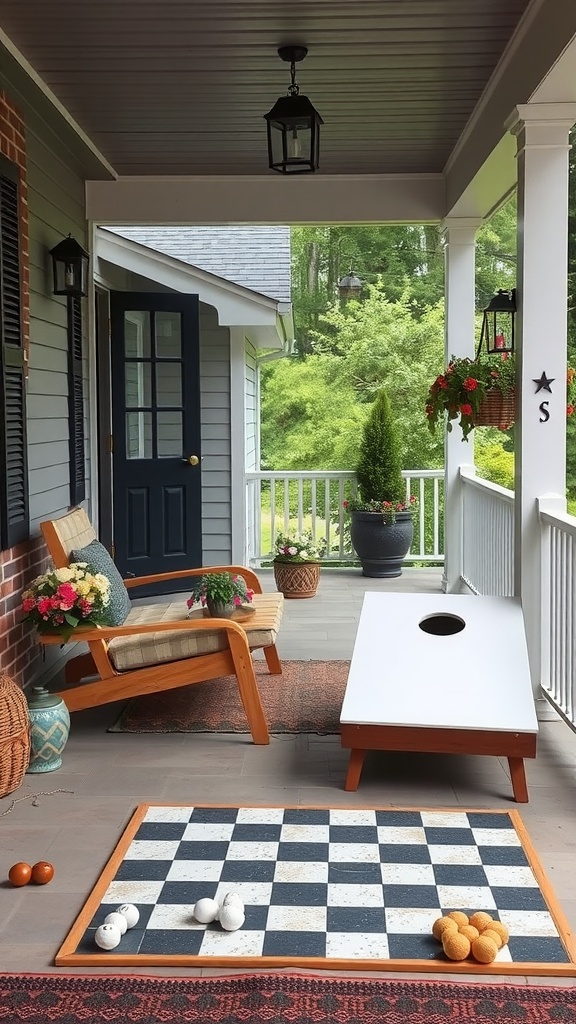 A cozy porch setup featuring games like cornhole and chess, surrounded by flowers and greenery.