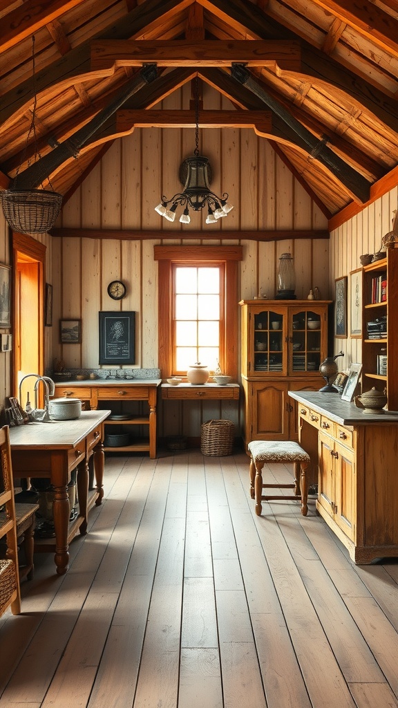 Interior of a rustic farmhouse kitchen with wooden furniture and warm lighting