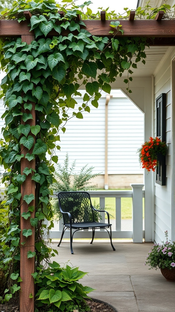 A trellis with climbing vines over a front porch with a black chair and flower pot.