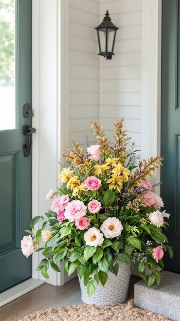 A welcoming front porch with artificial flower arrangements and a 'welcome' doormat.