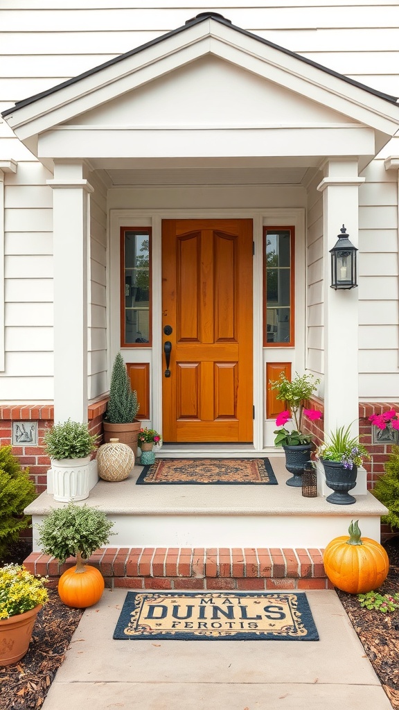 A front porch with a wooden door framed by side windows, adorned with potted plants and pumpkins. A doormat with decorative text lies on the step, and a lantern light hangs on the wall.